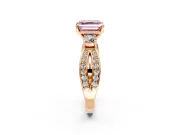 3 Stone Engagement Ring Setting for Fancy Pink Asscher Cut Center with Pave Twist Band and Prong Head in Rose Gold