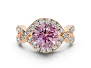 Halo Engagement Ring Setting for Fancy Pink Round Cut Center with Pave Infinity Twist Band and Prong Head in Rose Gold