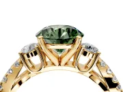 3 Stone Engagement Ring Setting for Fancy Green Round Cut Center with Pave Split Shank and Prong Head in Yellow Gold