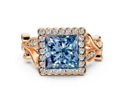 Halo Engagement Ring Setting for Fancy Blue Princess Cut Center with Leaf Motif Split Shank and Prong Head in Rose Gold