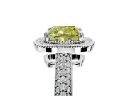 Milgrain Halo Engagement Ring Setting for Fancy Yellow Cushion Cut Center with Three-Sided Pave Band and Prong Head in Platinum