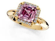 Halo Engagement Ring Setting for Fancy Pink Asscher Cut Center with Tapered Plain Band and Prong Head in Yellow Gold