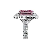 Halo Engagement Ring Setting for Fancy Pink Asscher Cut Center with Raised Halo, Pave Band and Prong Head in Platinum