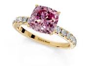 Solitaire Engagement Ring Setting for Fancy Pink Cushion Cut Center with Large Accent Band and Prong Head in Yellow Gold