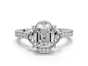 Floral Engagement Ring Setting for Asscher Cut Center with Pave Band and Floral Prong Head in Sterling Silver