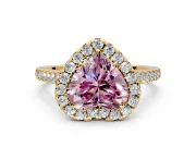 Halo Engagement Ring Setting for Fancy Pink Heart-Shaped Center with Narrowing Pave Band and Prong Head in Yellow Gold