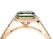 Halo Engagement Ring Setting for Fancy Green Asscher Cut Center with Narrowing Pave Band and Prong Head in Rose Gold