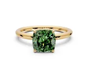 Low-Set Solitaire Engagement Ring Setting for Fancy Green Cushion Cut Center with Thin Plain Band and Prong Head in Yellow Gold