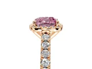 Halo Engagement Ring Setting for Fancy Pink Cushion Cut Center with Full Pave Band and Prong Head in Rose Gold