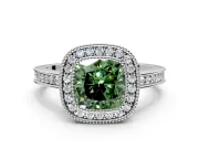 Halo Engagement Ring Setting for Fancy Green Cushion Cut Center with Milgrain Halo, Pave Band and Prong Head in White Gold