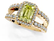 Halo Engagement Ring Setting for Fancy Yellow Emerald Cut Center with Wide-Open Pave Split Shank and Prong Head in Yellow Gold