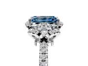 Halo Engagement Ring Setting for Fancy Blue Emerald Cut Center with Openwork Halo, Pave Band and Prong Head in Platinum