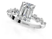 Cluster Engagement Ring Setting for Emerald Cut Center with Round Cut Accent Band and Prong Head in White Gold