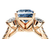 3 Stone Engagement Ring Setting for Fancy Blue Princess Cut Center with Crossover Basket, Pave Band and Prong Head in Rose Gold