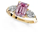 3 Stone Engagement Ring Setting for Fancy Pink Emerald Cut Center with Large Pear-Shaped Accents and Prong Head in Yellow Gold