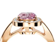 Bezel-Framed Halo Engagement Ring Setting for Fancy Pink Cushion Cut Center with Pave Band and Prong Head in Rose Gold