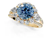 Halo Engagement Ring Setting for Fancy Blue Round Cut Center with Two-Strand Split Shank and Prong Head in Yellow Gold