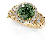 Milgrain Halo Engagement Ring Setting for Fancy Green Round Cut Center with Shoulder Bezels and Prong Head in Yellow Gold