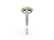 Bezel-Framed Halo Engagement Ring Setting for Fancy Yellow Radiant Cut Center with Pave Band and Prong Head in Sterling Silver