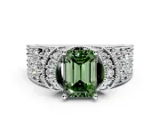 Pave Engagement Ring Setting for Fancy Green Emerald Cut Center with Curved Accent Rows, Openwork and Prong Head in Platinum