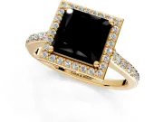 Halo Engagement Ring Setting for Fancy Black Princess Cut Center with Pave Accents, Heart Basket and Prong Head in Yellow Gold