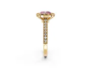 Halo Engagement Ring Setting for Fancy Pink Cushion Cut Center with Milgrain Pave Band and Bezel Head in Yellow Gold