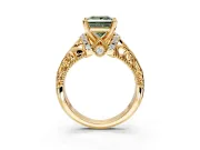 Solitaire Engagement Ring Setting for Fancy Green Princess Cut Center with Filigree Accent Basket and Prong Head in Yellow Gold