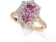 Halo Engagement Ring Setting for Fancy Pink Pear-Shaped Center with Single-Row Pave, Open Basket and Prong Head in Rose Gold