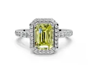 Halo Engagement Ring Setting for Fancy Yellow Emerald Cut Center with Inner Milgrain Border and Prong Head in Platinum