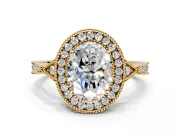 Halo Engagement Ring Setting for Oval Center with Milgrain Rim, Pave Band and Prong Head in Yellow Gold