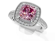 Milgrain Halo Engagement Ring Setting for Fancy Pink Cushion Cut Center with Three-Sided Pave Band and Prong Head in White Gold