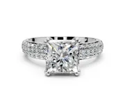 Solitaire Engagement Ring Setting for Princess Cut Center with Multi-Row Pave Accents and Basket Head in White Gold