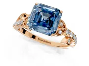 Leaf Motif Engagement Ring Setting for Fancy Blue Asscher Cut Center with Pave Band and Prong Head in Rose Gold