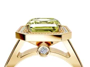 Halo Engagement Ring Setting for Fancy Yellow Asscher Cut Center with Outer Bezel Rim, Pave Band and Prong Head in Yellow Gold