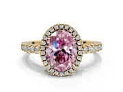 Accent Halo Engagement Ring Setting for Fancy Pink Oval Center with Full-Length Pave Band and Prong Head in Yellow Gold