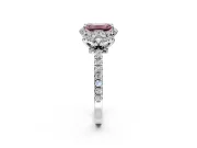 Halo Engagement Ring Setting for Fancy Pink Emerald Cut Center with Openwork Halo, Pave Band and Prong Head in Platinum