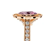 Halo Engagement Ring Setting for Fancy Pink Oval Center with Milgrain Pave Band and Bezel Head in Rose Gold