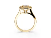 Halo Engagement Ring Setting for Emerald Cut Center with Milgrain Frame, Pave Band and Prong Head in Yellow Gold
