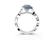Halo Engagement Ring Setting for Fancy Blue Princess Cut Center with Twist Band and Prong Head in White Gold