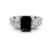 3 Stone Engagement Ring Setting for Fancy Black Emerald Cut Center with Crossover Basket, Pave Band and Prong Head in Platinum
