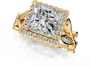 Halo Engagement Ring Setting for Princess Cut Center with Leaf Motif Split Shank and Prong Head in Yellow Gold