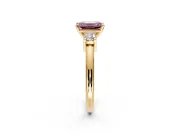 3 Stone Engagement Ring Setting for Fancy Pink Emerald Cut Center with Wide Plain Band and Prong Head in Yellow Gold