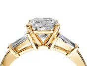 3 Stone Engagement Ring Setting for Cushion Cut Center with Channel Baguette Accents and Prong Head in Yellow Gold