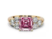 Cluster Engagement Ring Setting for Fancy Pink Asscher Cut Center with Round Cut Accent Frame and Prong Head in Yellow Gold