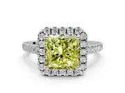 Halo Engagement Ring Setting for Fancy Yellow Princess Cut Center with Raised Halo, Pave Band and Prong Head in White Gold