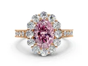 Halo Engagement Ring Setting for Fancy Pink Oval Center with Milgrain Channel Band and Prong Head in Rose Gold