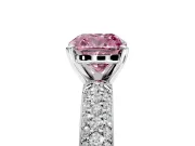 Solitaire Engagement Ring Setting for Fancy Pink Cushion Cut Center with Domed Multi-Row Pave Band and Prong Head in Platinum