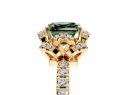 Floral Halo Engagement Ring Setting for Fancy Green Asscher Cut Center with Pave Band and Prong Head in Yellow Gold