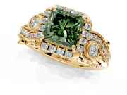 Milgrain Halo Engagement Ring Setting for Fancy Green Princess Cut Center with Shoulder Bezels and Prong Head in Yellow Gold