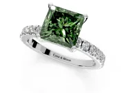 Solitaire Engagement Ring Setting for Fancy Green Princess Cut Center with Fine Pave Band and Claw Prong Head in White Gold